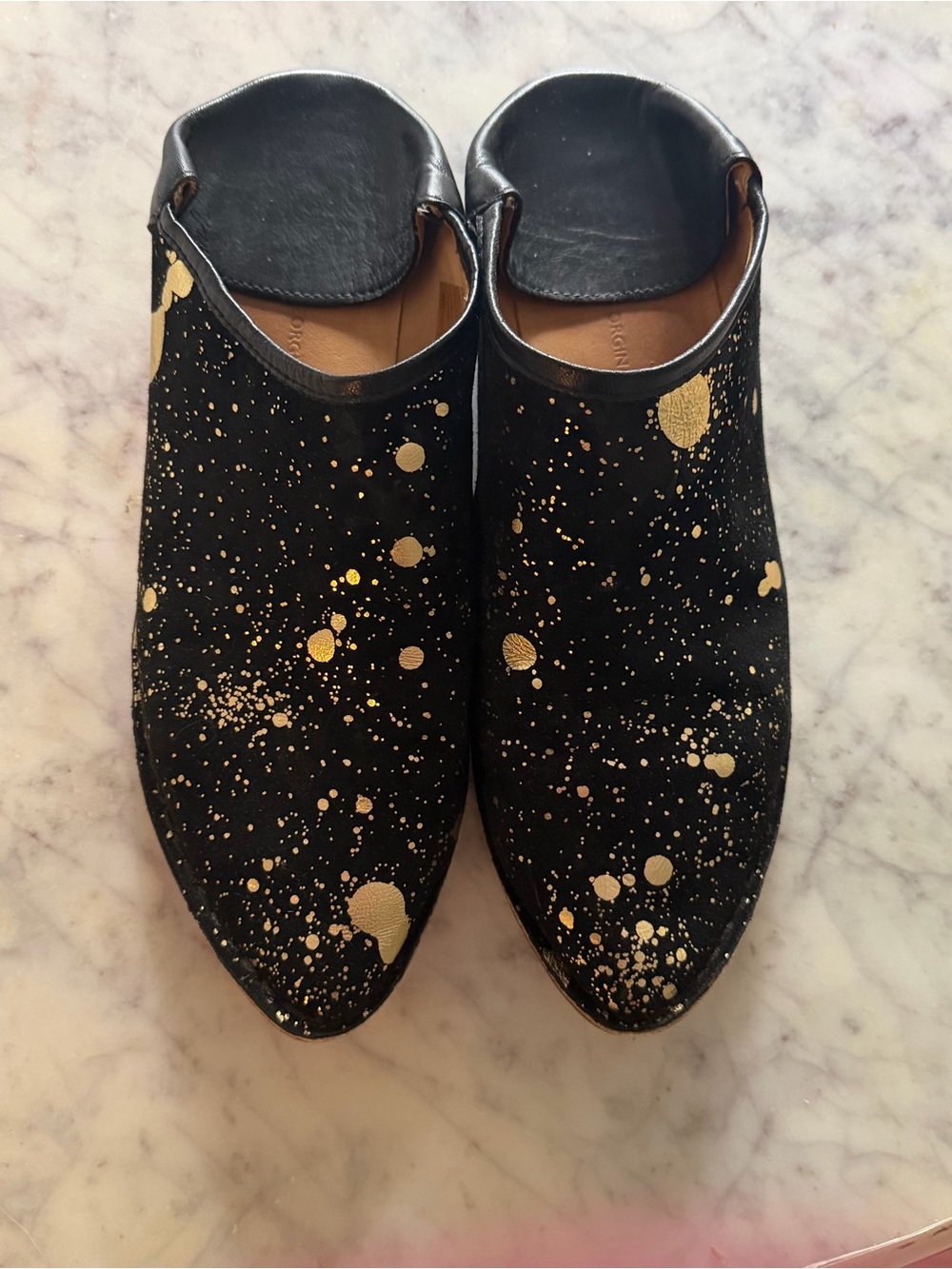 Women’s Black Slip-On with Gold Splatter Accent and collapsible heel